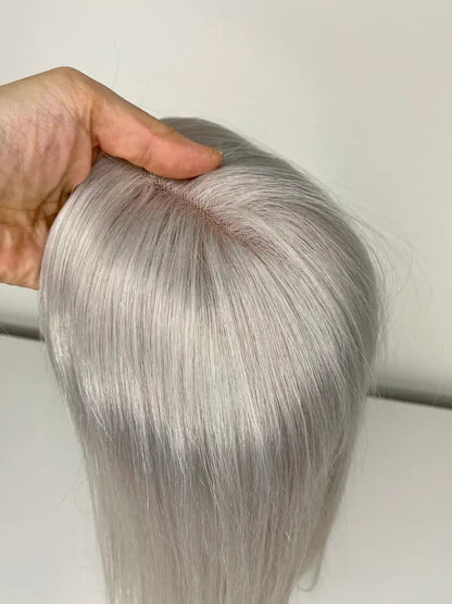 Shoulder Length Grey Full Handtied Mono Base Human Hair Topper for Women