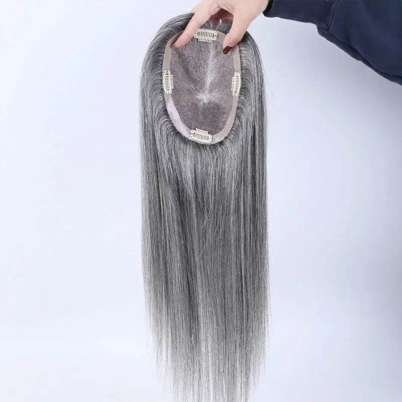 Shoulder Length Grey Full Handtied Mono Base Human Hair Topper for Women