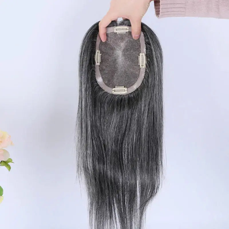 Shoulder Length Grey Full Handtied Mono Base Human Hair Topper for Women