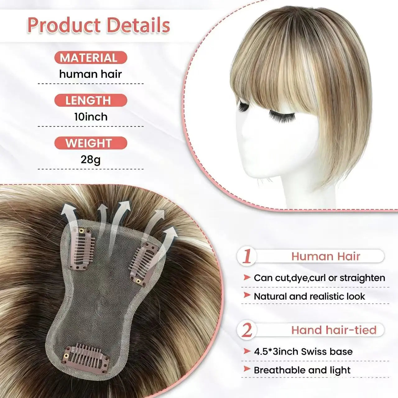 🔥🔥Human Hair Topper with Bangs | Hair Piece for Thinning Hair