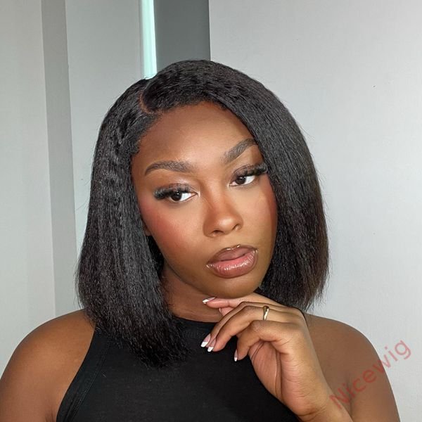 New Glueless Yaki Kinky Straight 200% Density Black Wig