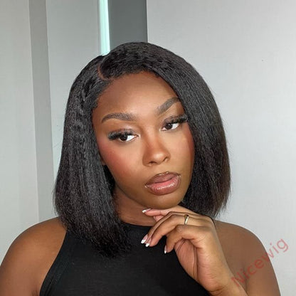 New Glueless Yaki Kinky Straight 200% Density Black Wig